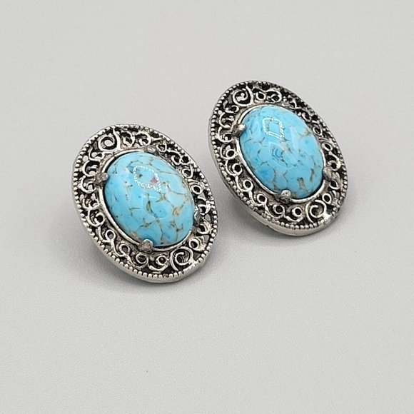 Hollycraft Blue Howlite Stone Silver Tone Filigree Accent Clip On Earrings - Picture 3 of 8